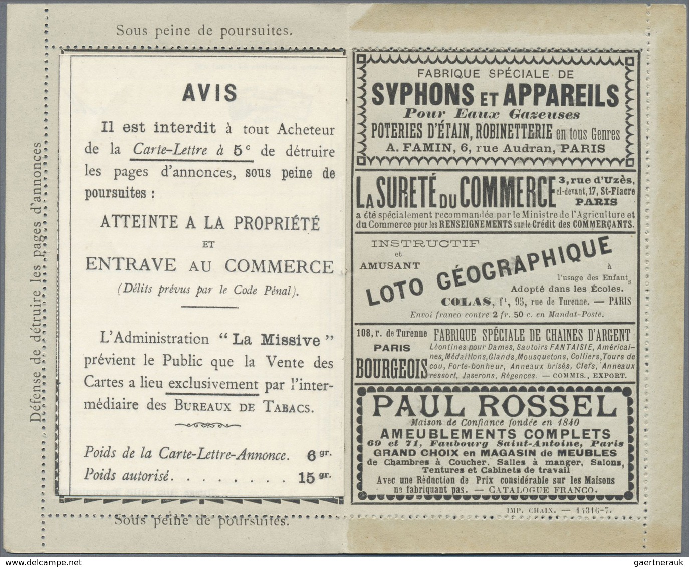 GA Thematik: Anzeigenganzsachen / Advertising Postal Stationery: 1887, France. Advertising Letter Card - Unclassified