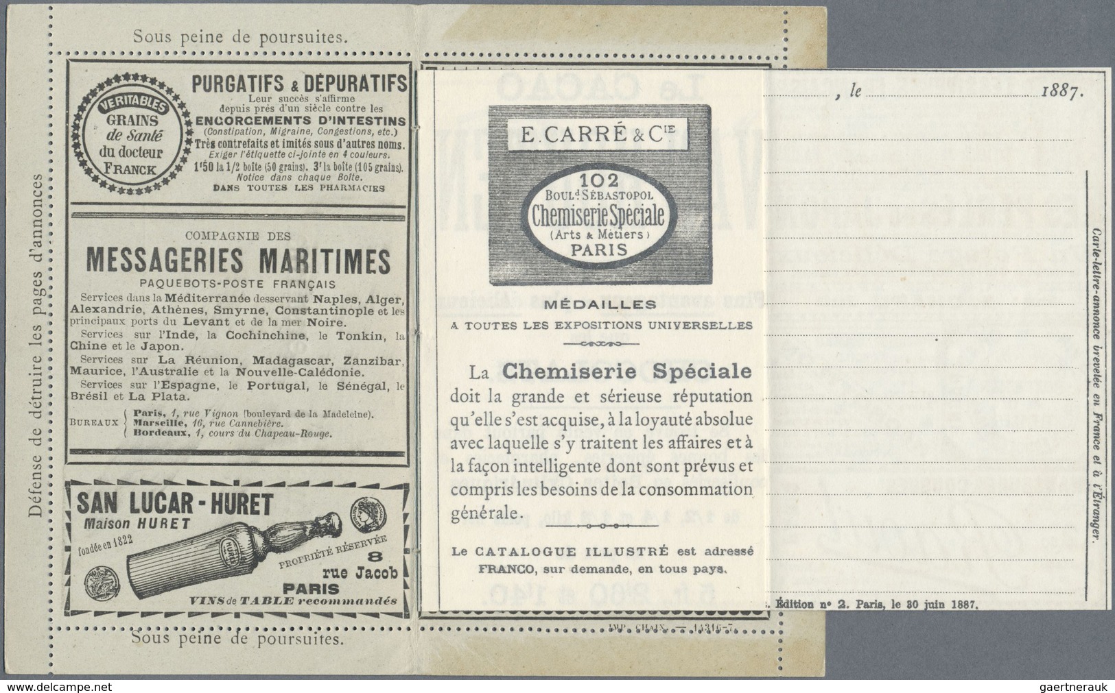 GA Thematik: Anzeigenganzsachen / Advertising Postal Stationery: 1887, France. Advertising Letter Card - Ohne Zuordnung