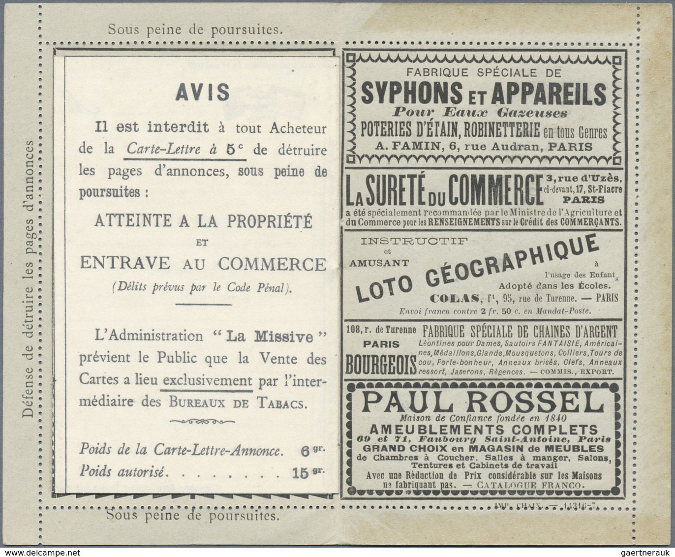 GA Thematik: Anzeigenganzsachen / Advertising Postal Stationery: 1887, France. Advertising Letter Card - Non Classés