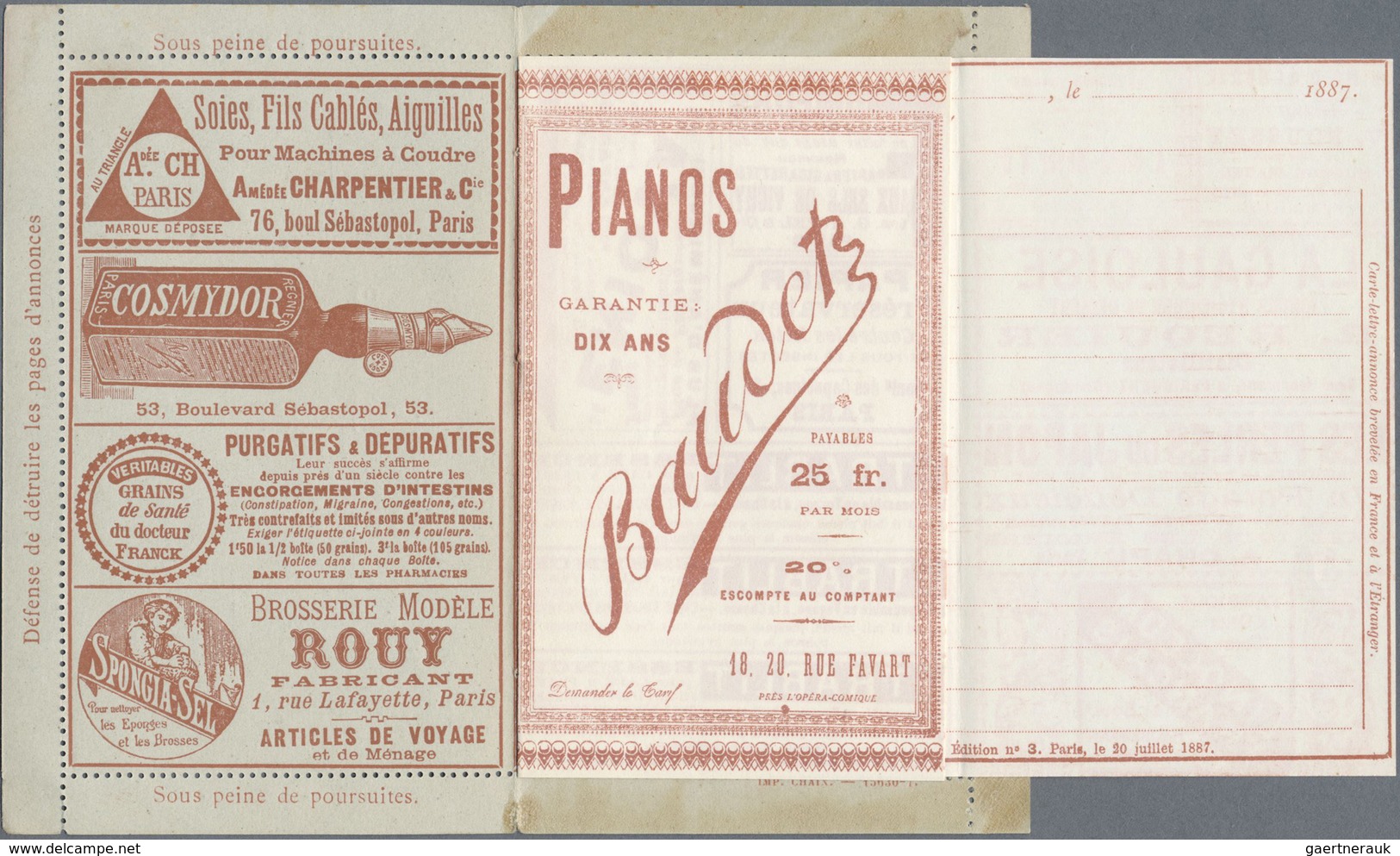 GA Thematik: Anzeigenganzsachen / Advertising Postal Stationery: 1887, France. Advertising Letter Card - Unclassified