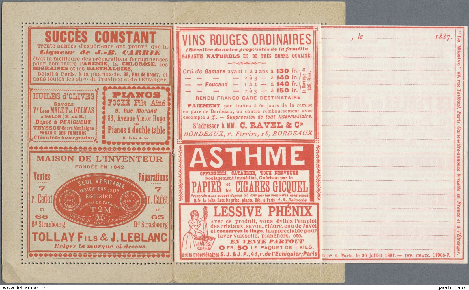 GA Thematik: Anzeigenganzsachen / Advertising Postal Stationery: 1887, France. Advertising Letter Card - Ohne Zuordnung