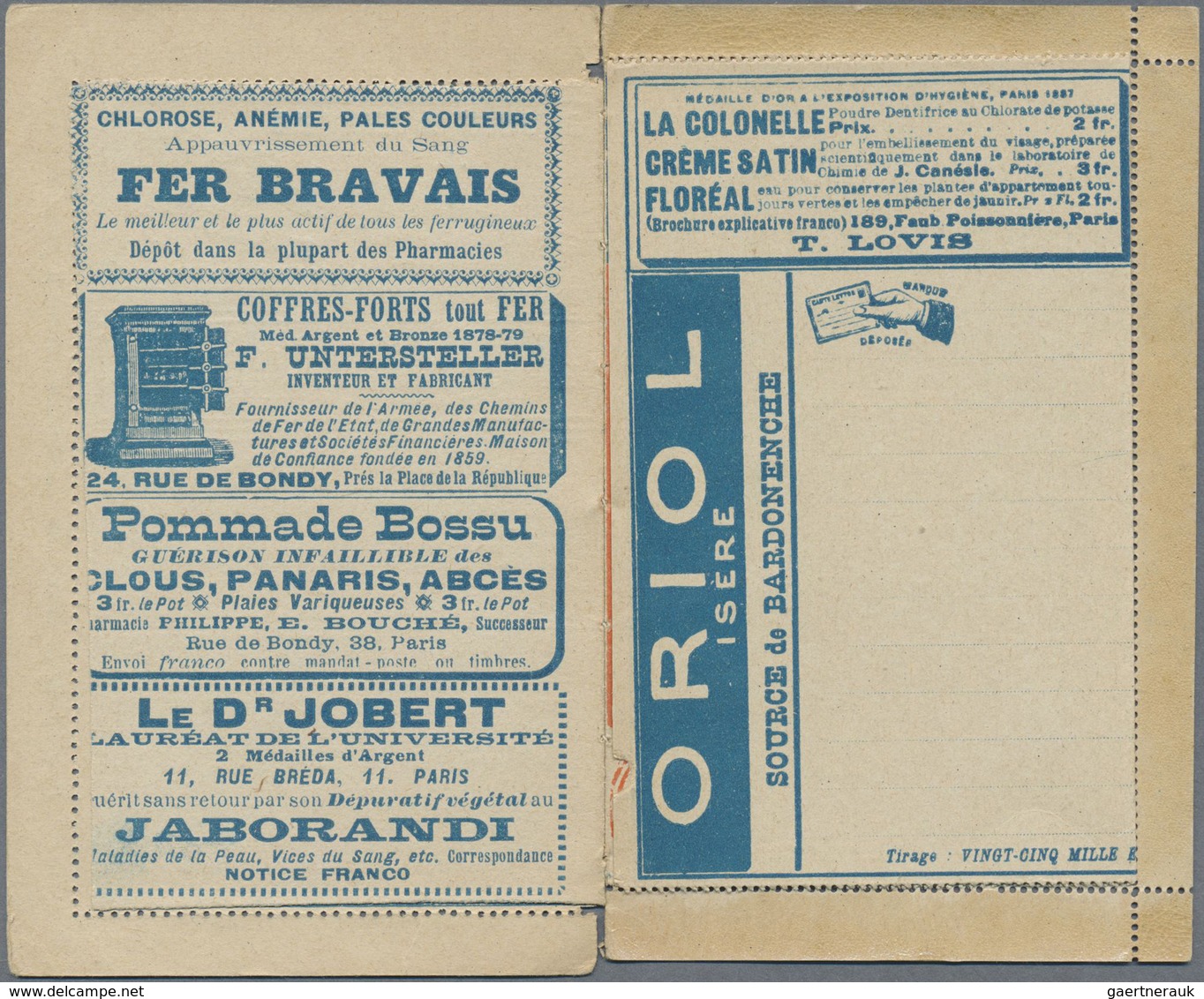 GA Thematik: Anzeigenganzsachen / Advertising Postal Stationery: 1887, France. Advertising Letter Card - Non Classificati