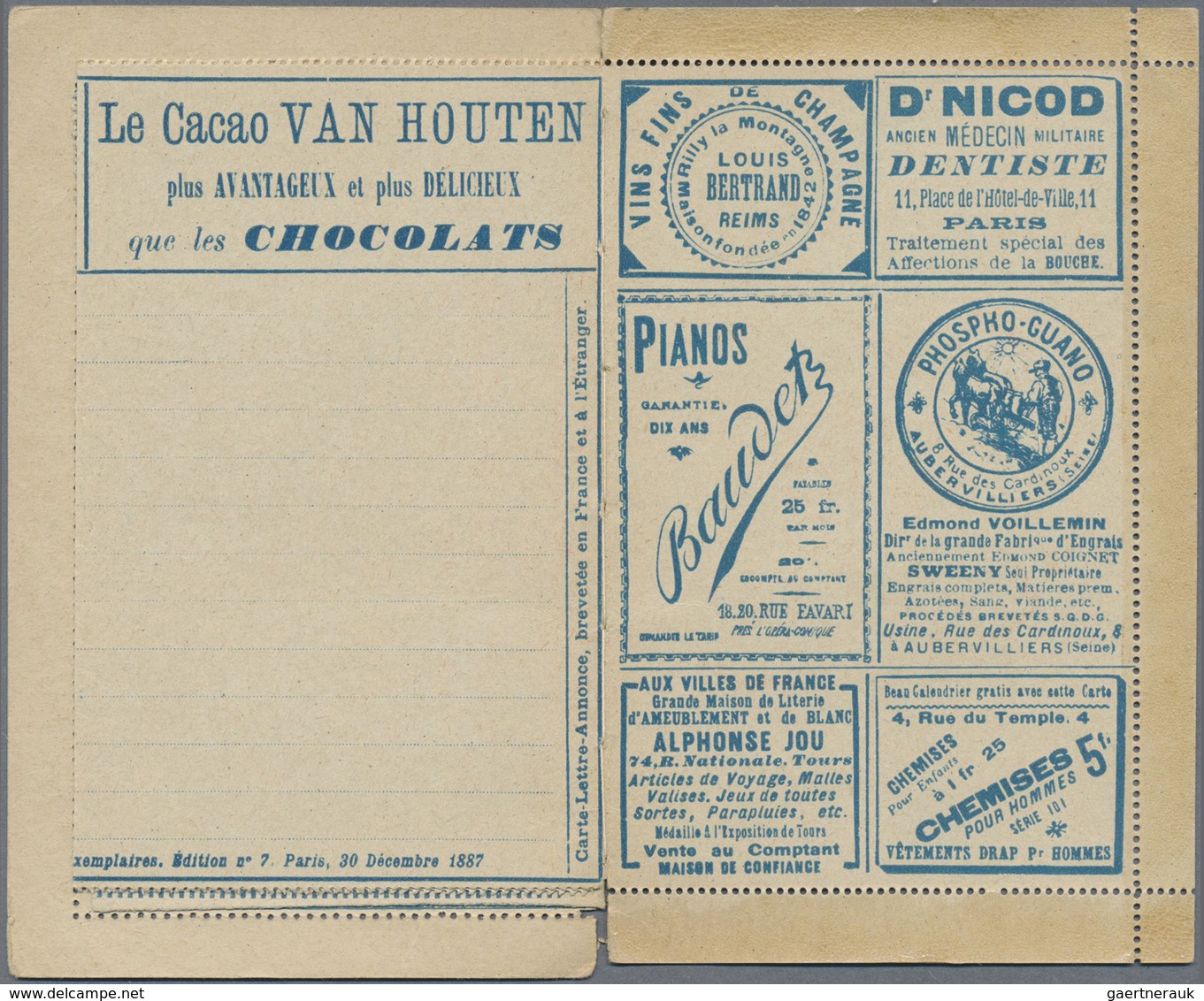 GA Thematik: Anzeigenganzsachen / Advertising Postal Stationery: 1887, France. Advertising Letter Card - Unclassified