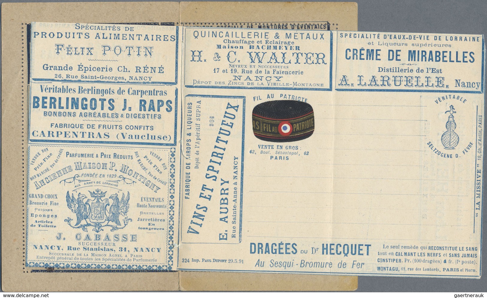 GA Thematik: Anzeigenganzsachen / Advertising Postal Stationery: 1891, France. Advertising Letter Card - Non Classificati