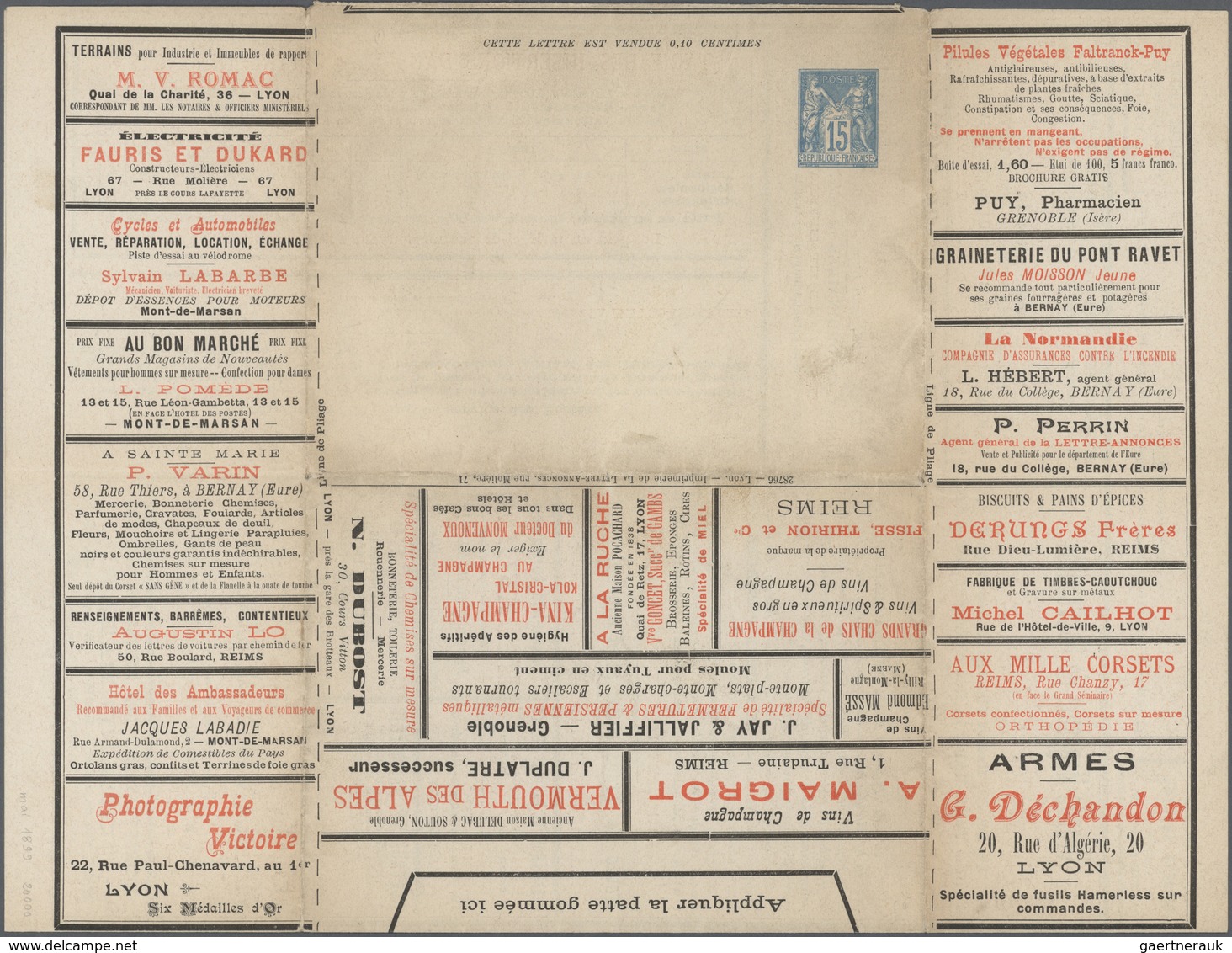 GA Thematik: Anzeigenganzsachen / Advertising Postal Stationery: 1899, France. Lettre Annonces Lyon (S. - Ohne Zuordnung