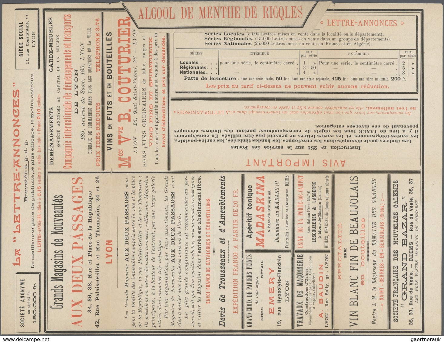 GA Thematik: Anzeigenganzsachen / Advertising Postal Stationery: 1899, France. Lettre Annonces Lyon (S. - Unclassified