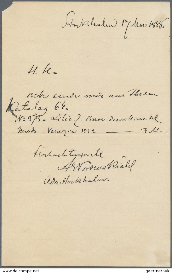 Br Thematik: Arktis / Arctic: 1888, ADOLF ERIK NORDENSKJÖLD, Handwritten Letter (Stockholm, 17 Mars 188 - Autres & Non Classés