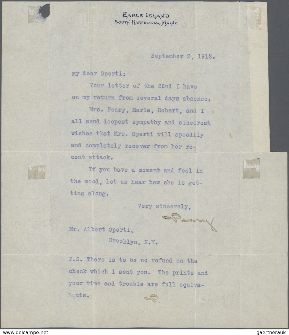 Br Thematik: Arktis / Arctic: 1912, ROBERT EDWIN PEARY, Signature On Typewritten Letter (Sept 3rd) To M - Autres & Non Classés