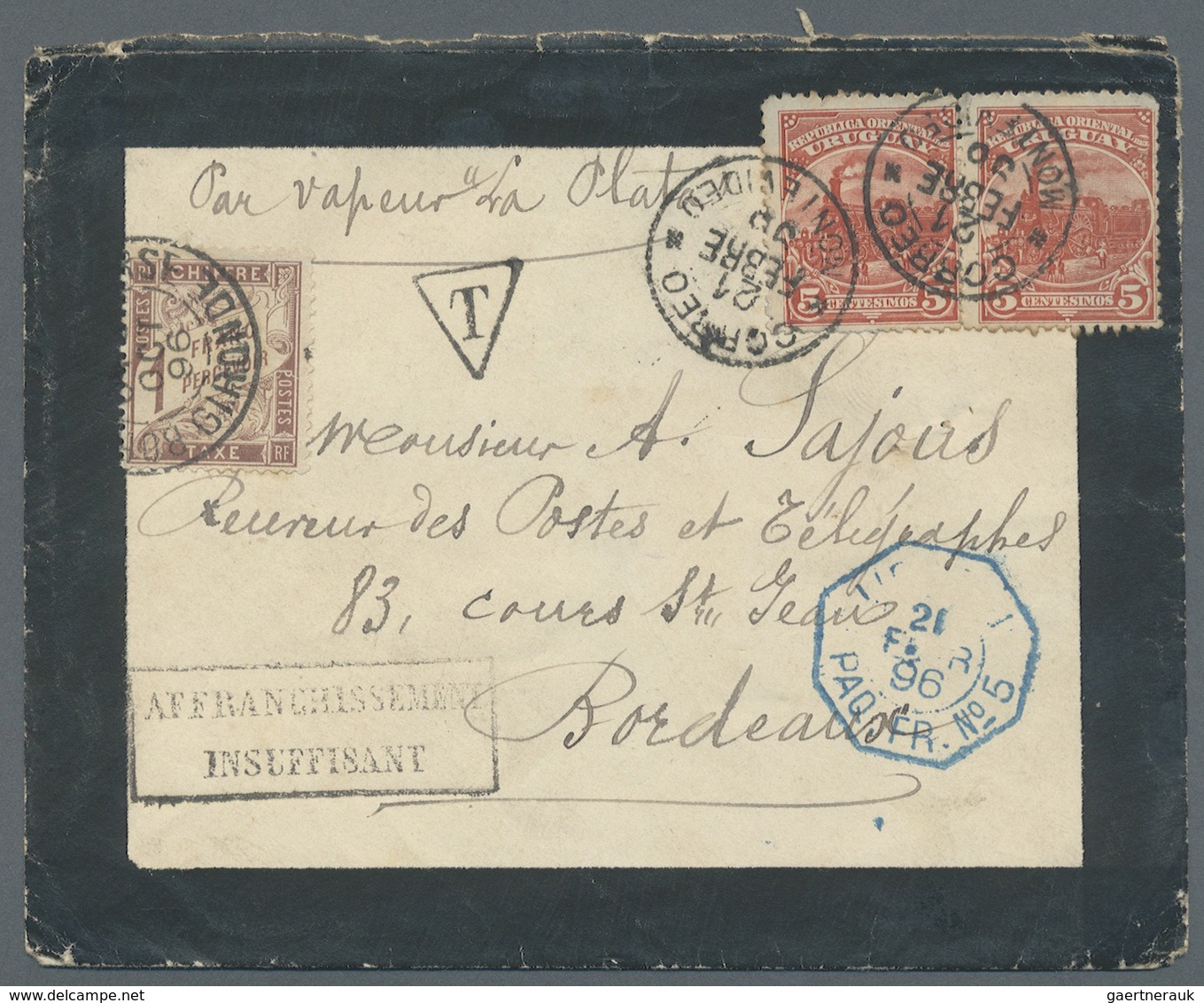 Br Thematik: Eisenbahn / Railway: 1896, Uruguay, Mourning Envelope Addressed To France Bearing Yvert 10 - Treinen