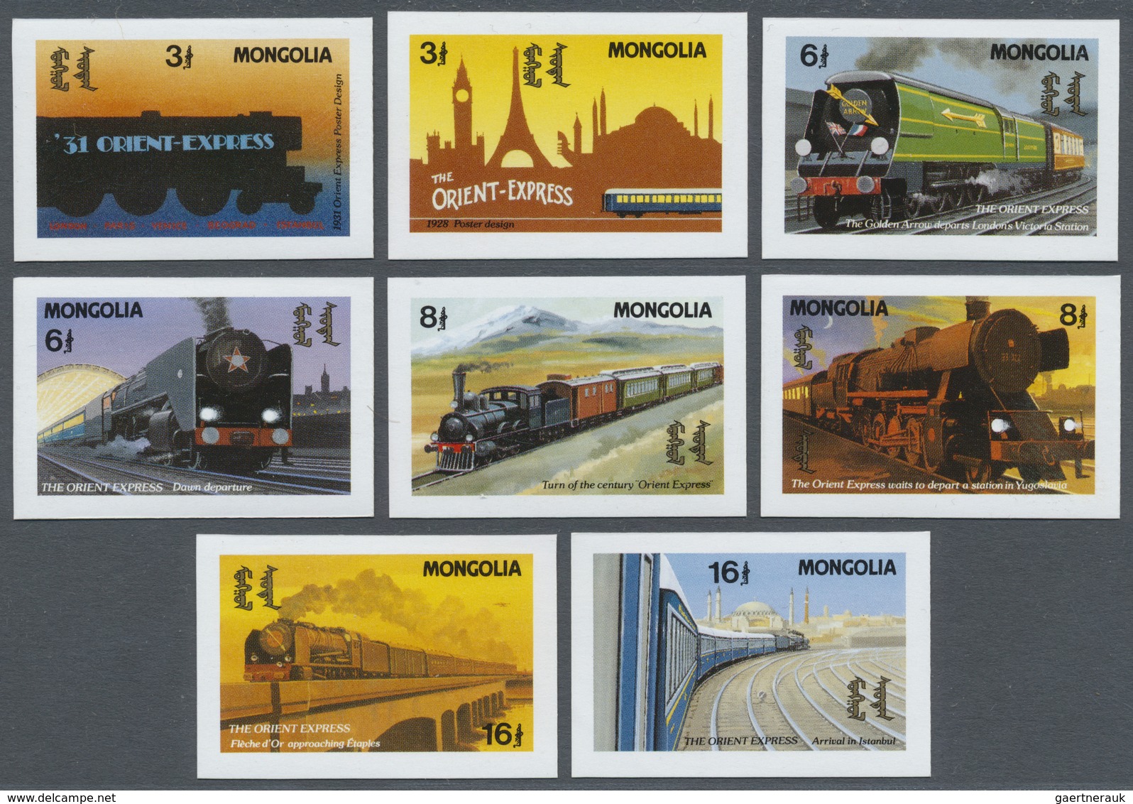 ** Thematik: Eisenbahn / Railway: 1992, MONGOLEI: The ORIENT EXPRESS Complete Set Of Eight Values And T - Trains