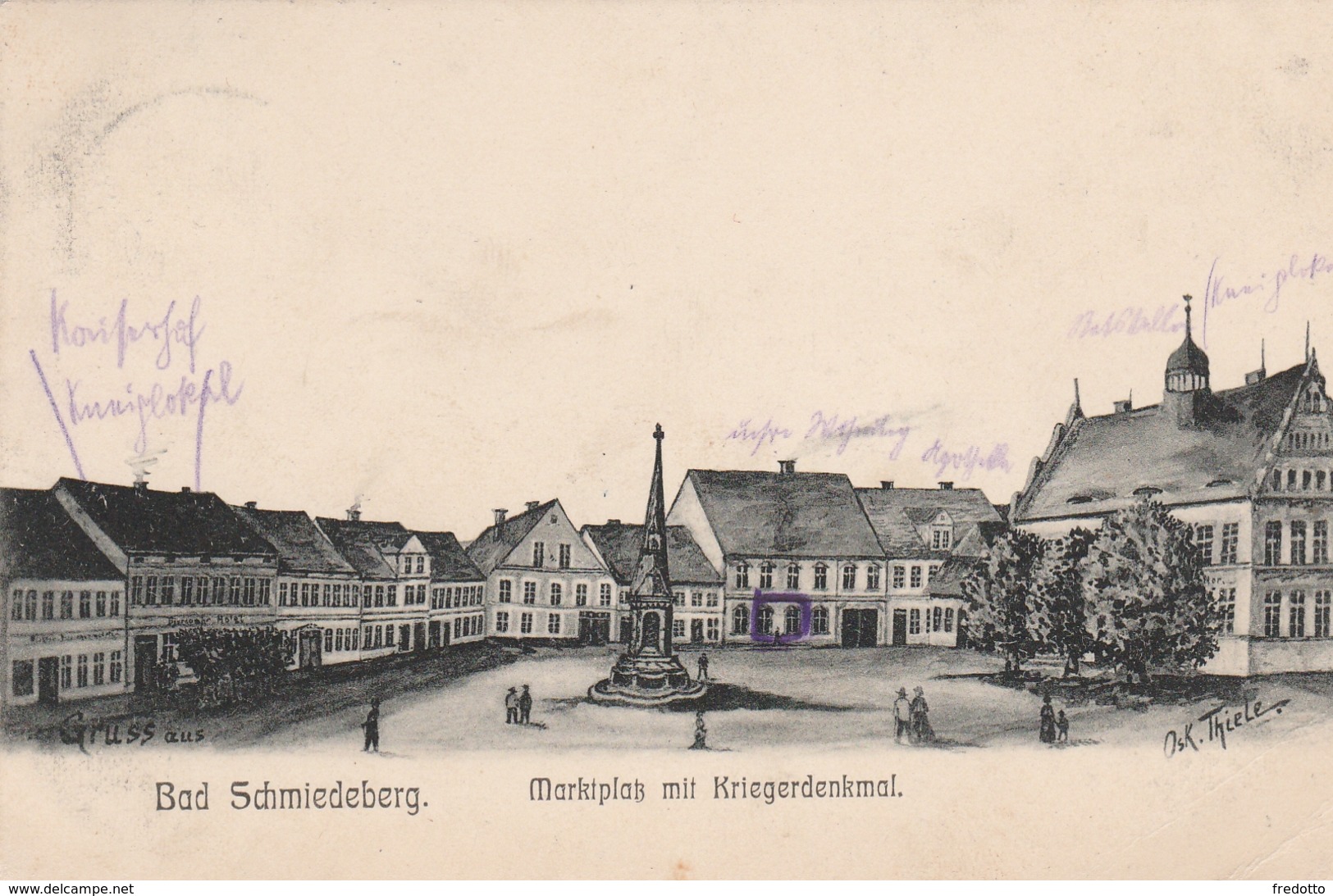 Gruss Aus Bad Schmiedeberg-Marktplatz Mit Kriegerdenkmal.Künstler-Karte Signiert Osk.Thiele - Bad Schmiedeberg