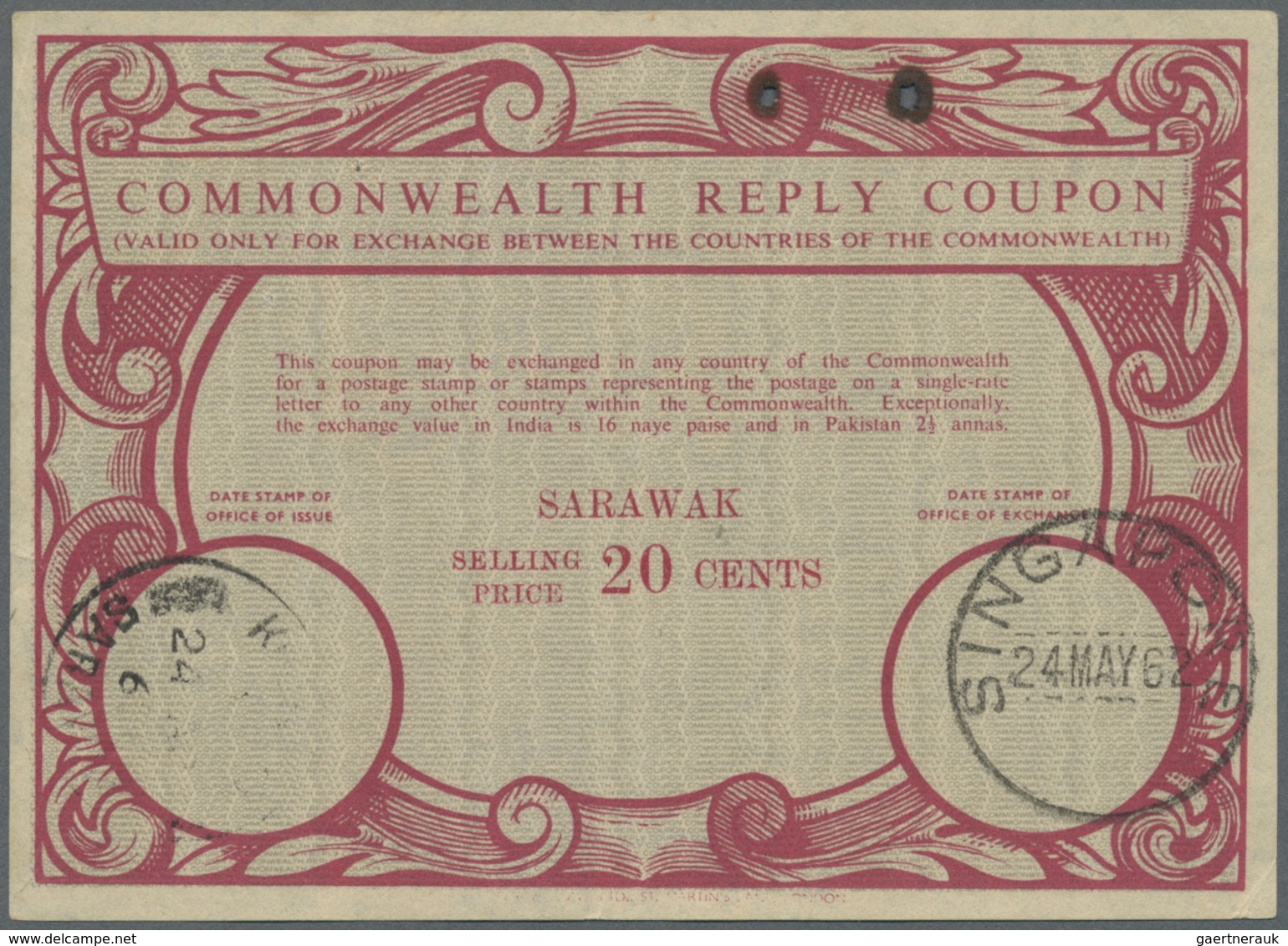 GA Thematik: I.A.S. / Intern. Reply Coupons: Commonwealth Reply Coupons, 1962/63, Sarawak 20 C. With Fa - Non Classés