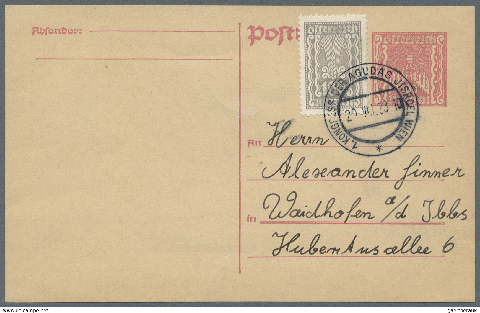 GA Thematik: Judaika / Judaism: 1923 (20.8.), Österreich, Postkarte 200 Kr. Rosa Mit 100 Kr. Grau Zufra - Non Classés