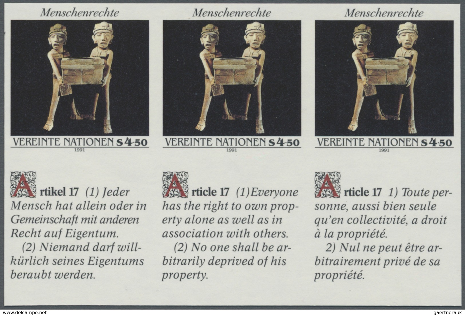 ** Thematik: Kunst / Art: 1991, UN Viennna. IMPERFORATE Inscription Block Of 6 (3 Stamps And 3 Labels) - Andere & Zonder Classificatie