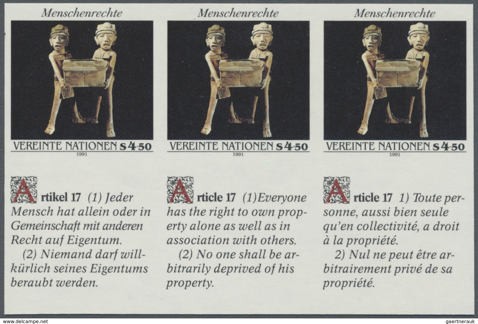** Thematik: Kunst / Art: 1991, UN Viennna. IMPERFORATE Inscription Block Of 6 (3 Stamps And 3 Labels) - Autres & Non Classés