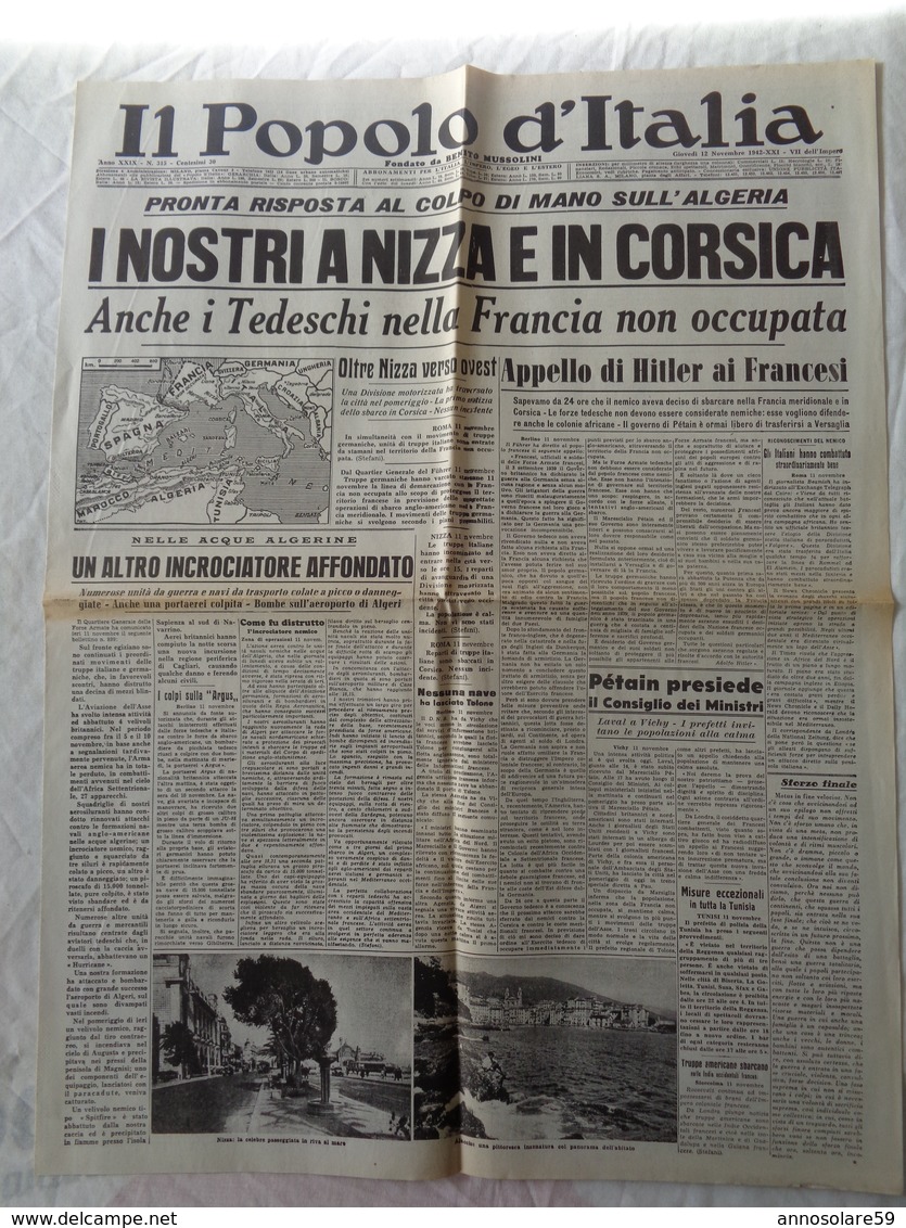 GIORNALE "IL POPOLO D'ITALIA" 12 NOVEMBRE 1942 - FONDATORE BENITO MUSSOLINI - LEGGI - Altri & Non Classificati