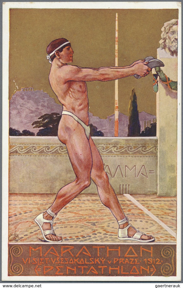 Thematik: Olympische Spiele / olympic games: 1912, Tschechoslowakei 6 farbige Postkarten "Marathon -