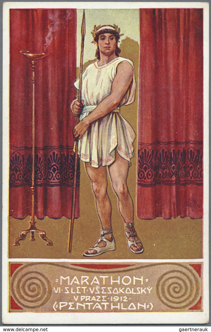 Thematik: Olympische Spiele / olympic games: 1912, Tschechoslowakei 6 farbige Postkarten "Marathon -