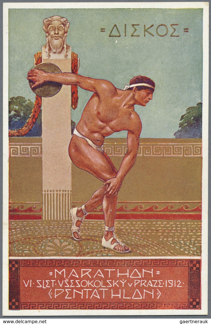 Thematik: Olympische Spiele / olympic games: 1912, Tschechoslowakei 6 farbige Postkarten "Marathon -