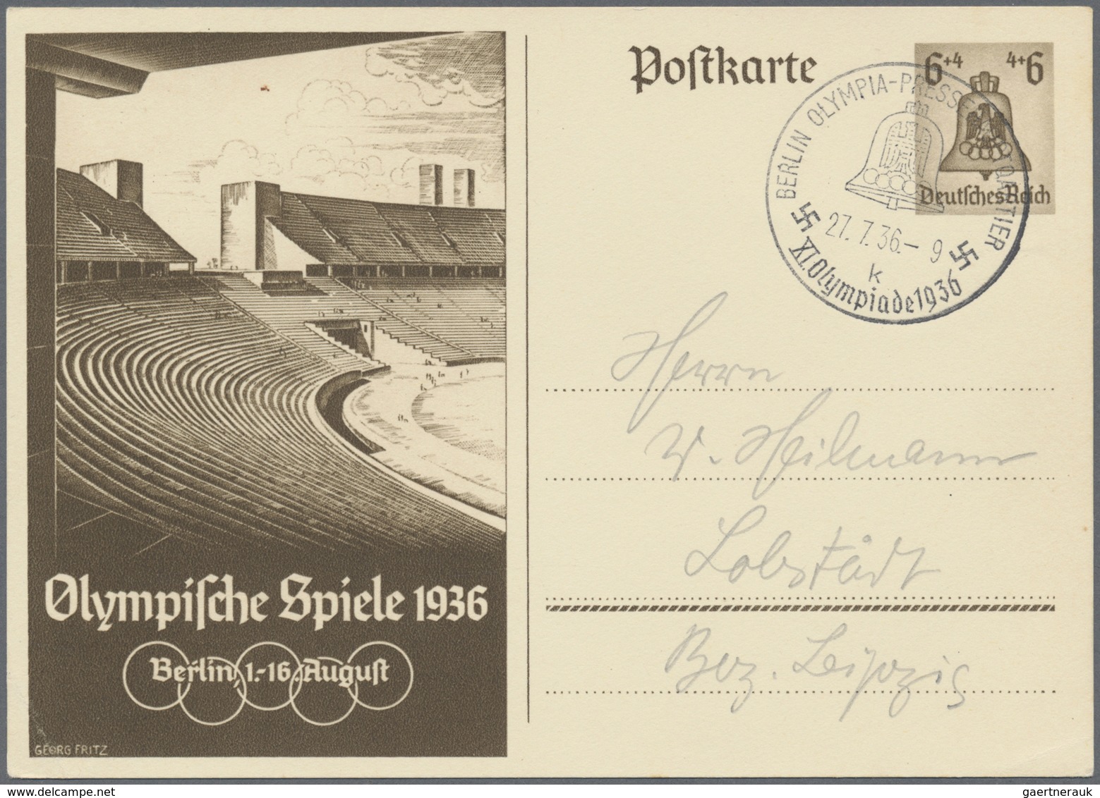 GA Thematik: Olympische Spiele / Olympic Games: 1936, "BERLIN  OLYMPIA  PRESSEHAUPTQARTIER  K, 27.7.36" - Autres & Non Classés