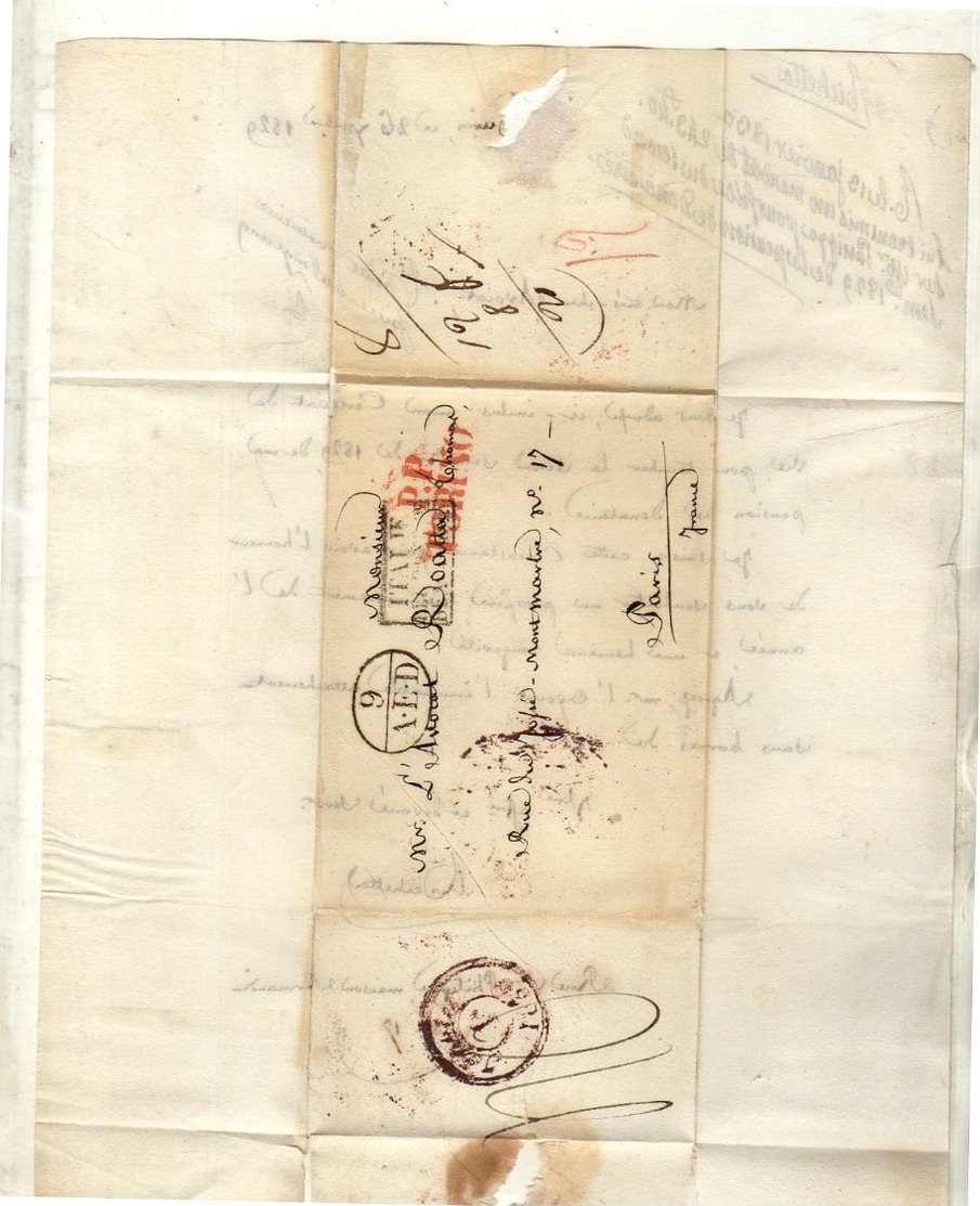 1829 Turin Scarce Transit 9AED Port 20 Décimes (eo3-21) - ...-1850 Préphilatélie