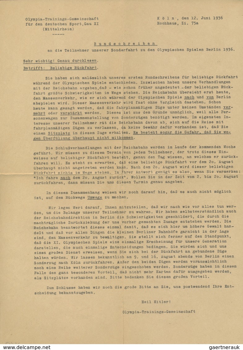 Br Thematik: Olympische Spiele / Olympic Games: 1936 Deutsches Reich: Vordruckbrief "Olympia-Trainings- - Andere & Zonder Classificatie