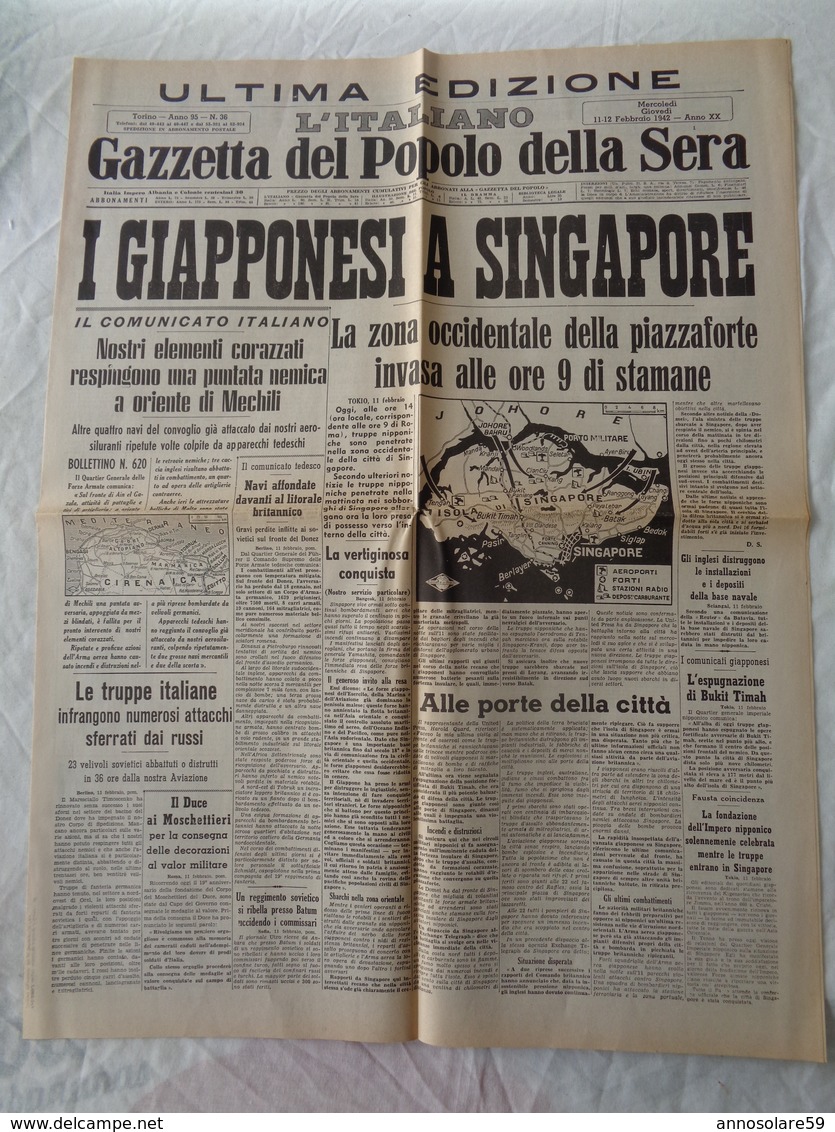 GIORNALE "GAZZETTA DEL POPOLO DELLA SERA" ULTIMA EDIZIONE, L'ITALIANO - 11-12 FEBBRAIO 1942-XX - LEGGI - Weltkrieg 1939-45