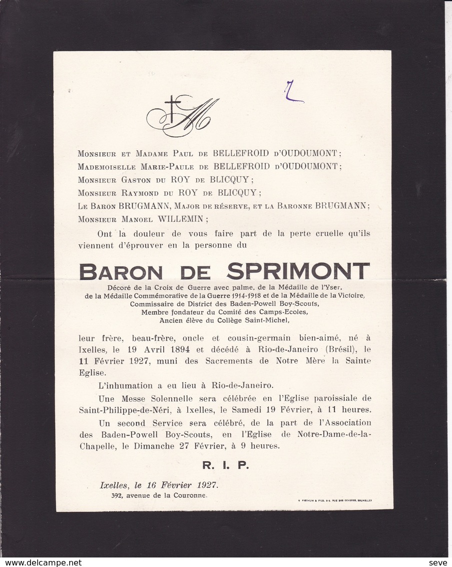 BADEN-POWELL Boy-Scouts Rio-de-Janeiro Baron De SPRIMONT 1894 - 1927 Ixelles Famille De BELLEFROID-d'OUDOUMONT - Obituary Notices