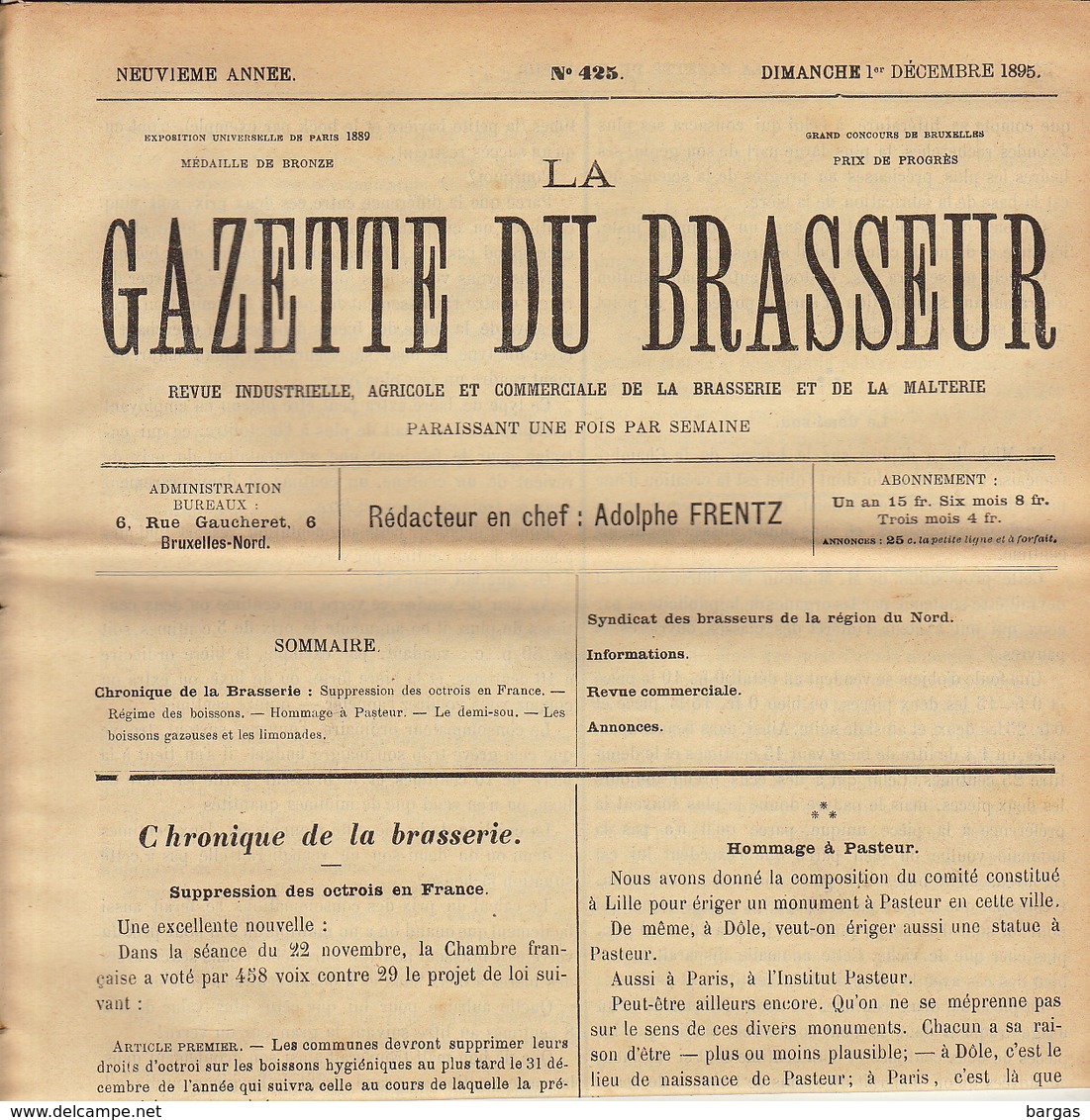 Journal LA GAZETTE DU BRASSEUR 1895 - 1896 Bière Brasserie - Autres & Non Classés