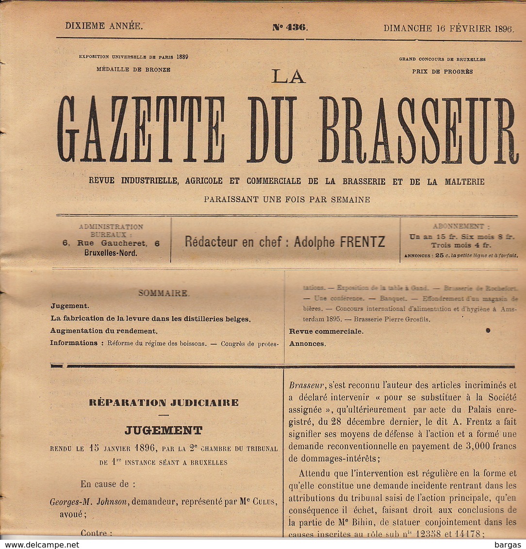 Journal LA GAZETTE DU BRASSEUR 1895 - 1896 Bière Brasserie - Autres & Non Classés