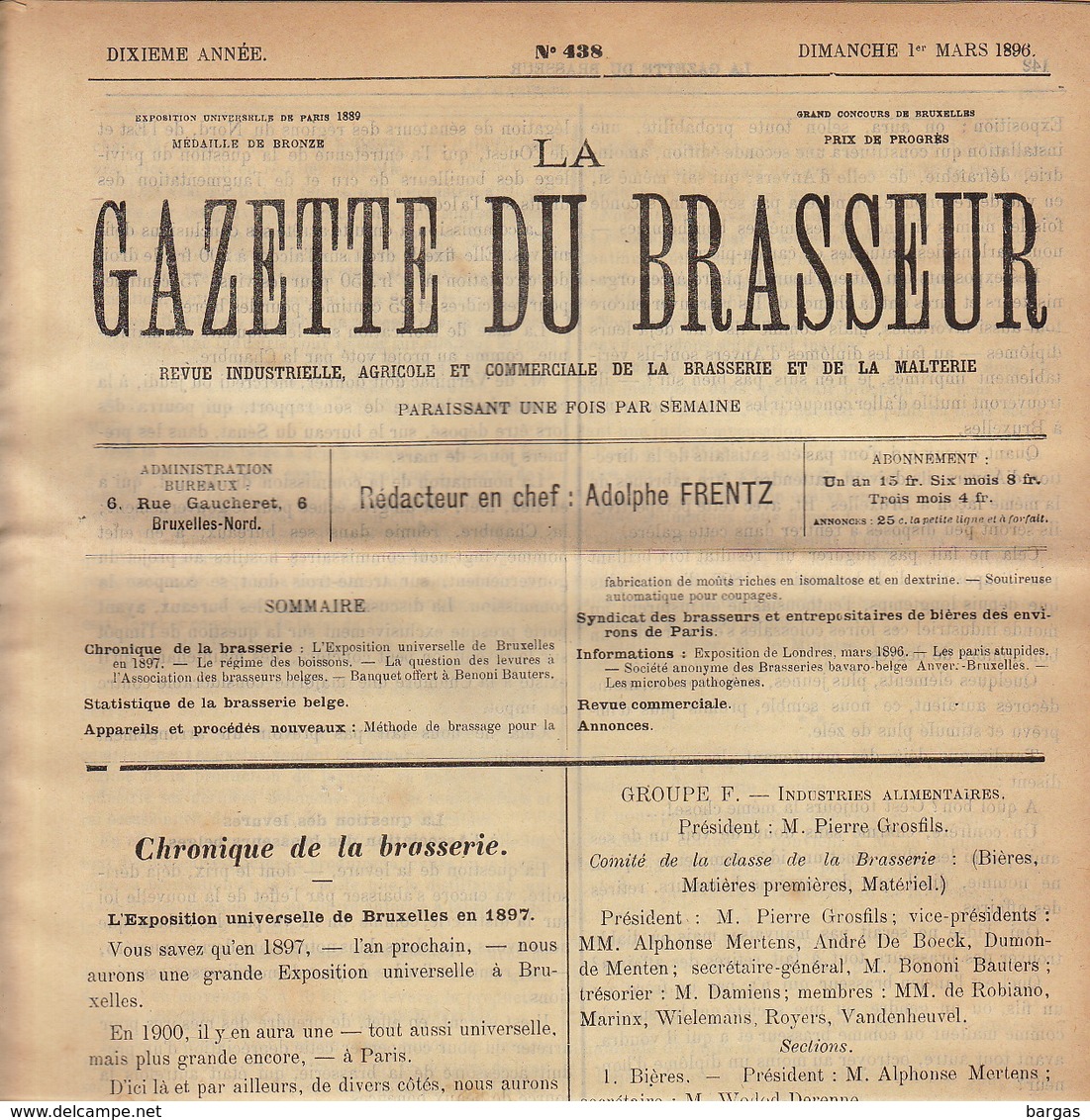 Journal LA GAZETTE DU BRASSEUR 1895 - 1896 Bière Brasserie - Autres & Non Classés