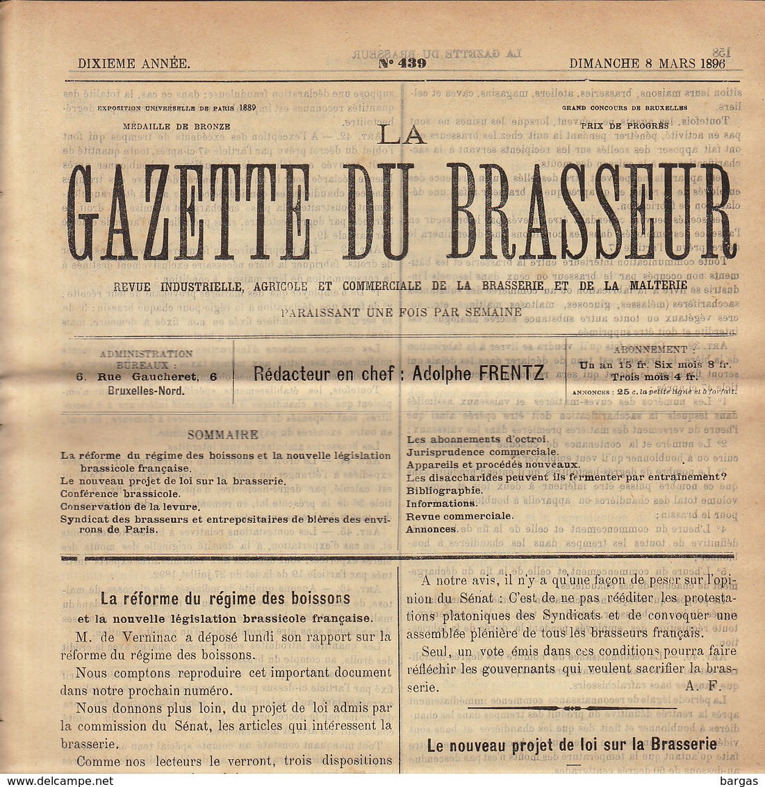 Journal LA GAZETTE DU BRASSEUR 1895 - 1896 Bière Brasserie - Autres & Non Classés