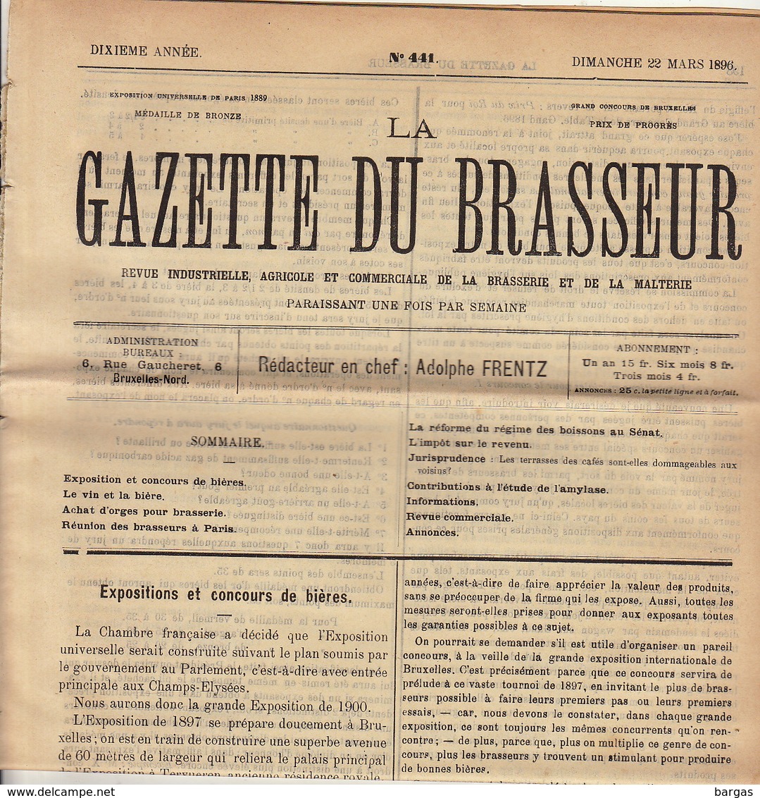 Journal LA GAZETTE DU BRASSEUR 1895 - 1896 Bière Brasserie - Autres & Non Classés