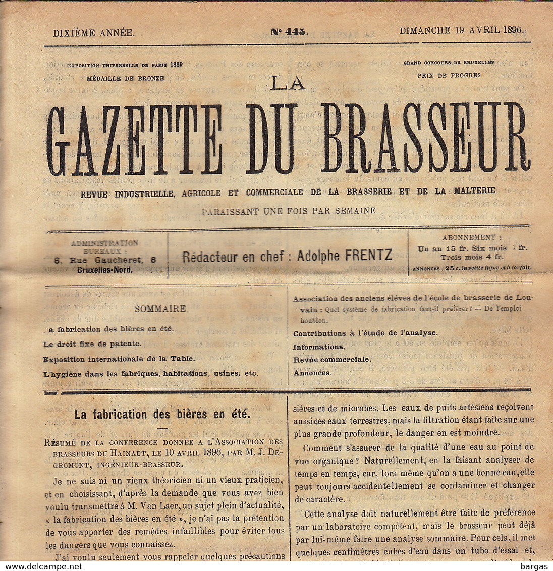 Journal LA GAZETTE DU BRASSEUR 1895 - 1896 Bière Brasserie - Autres & Non Classés