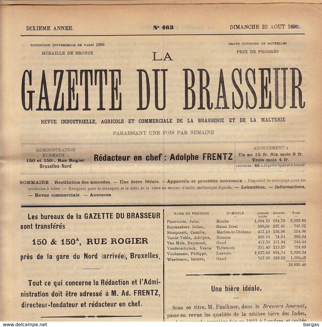 Journal LA GAZETTE DU BRASSEUR 1895 - 1896 Bière Brasserie - Autres & Non Classés