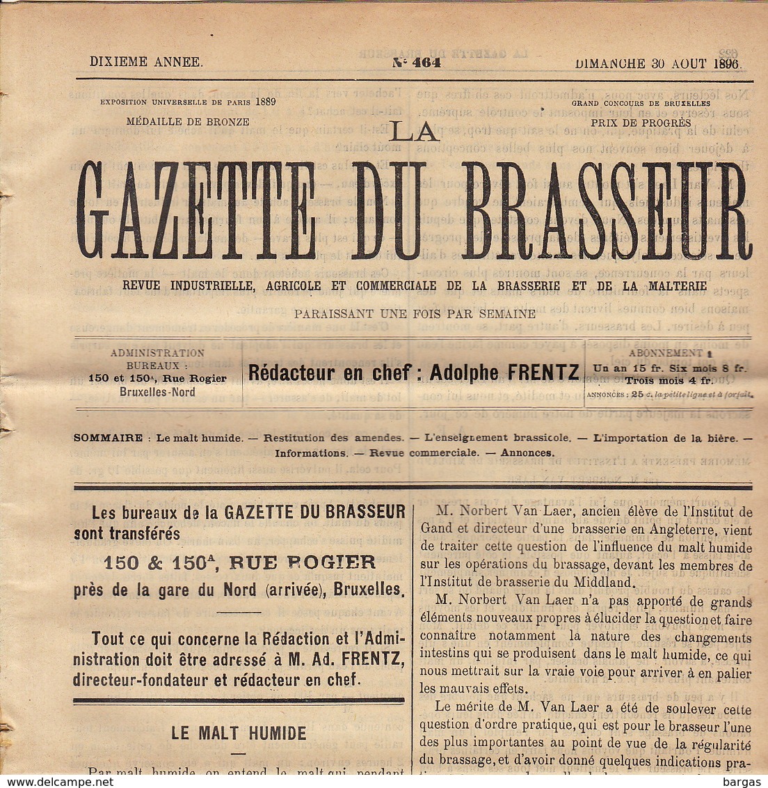 Journal LA GAZETTE DU BRASSEUR 1895 - 1896 Bière Brasserie - Sonstige & Ohne Zuordnung