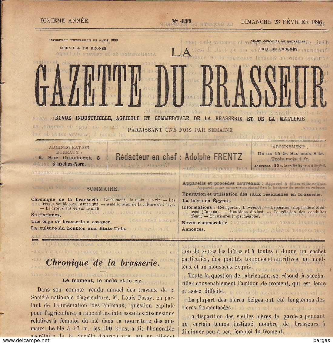 Journal LA GAZETTE DU BRASSEUR 1895 - 1896 Bière Brasserie - Sonstige & Ohne Zuordnung