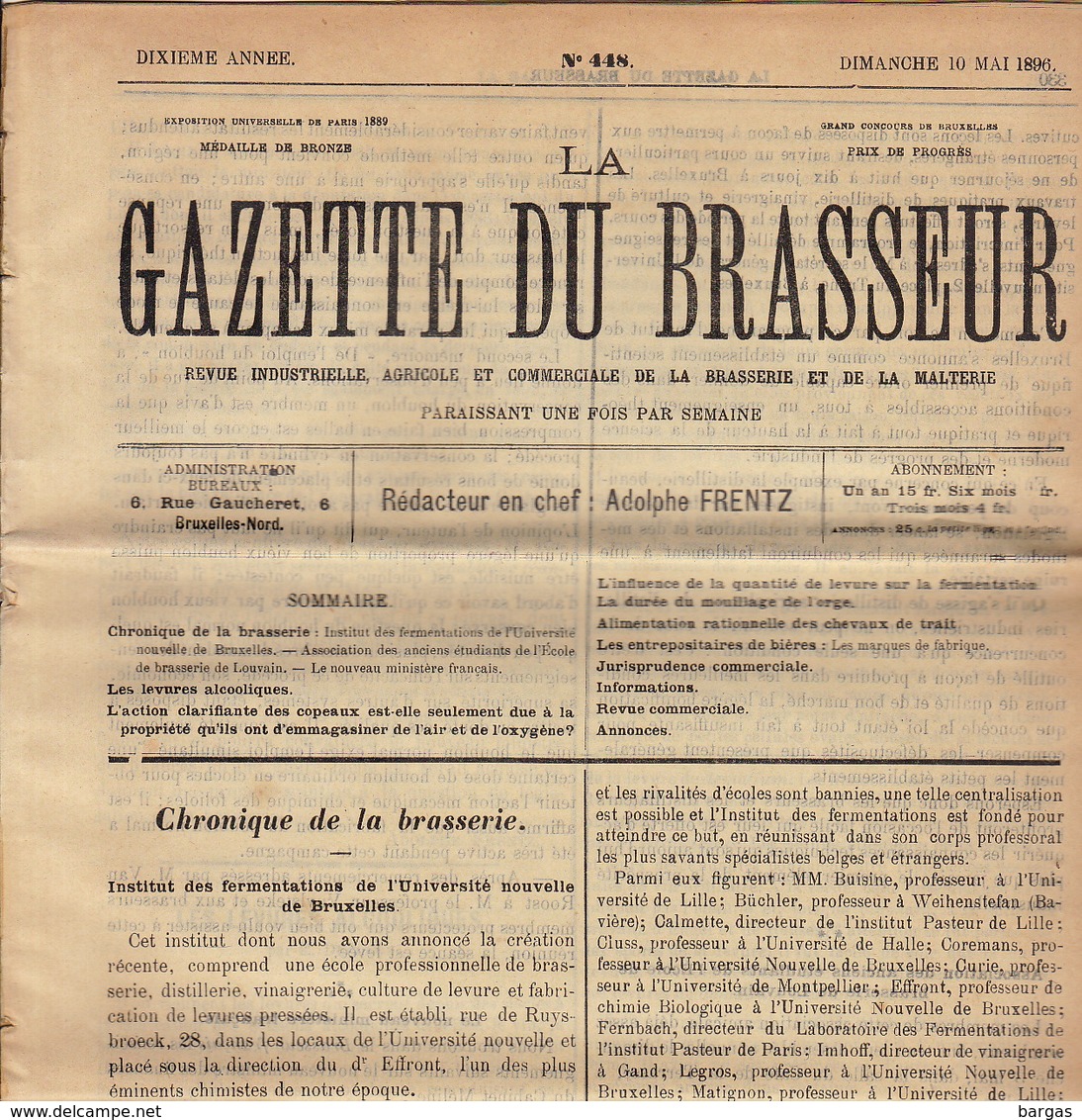 Journal LA GAZETTE DU BRASSEUR 1895 - 1896 Bière Brasserie - Sonstige & Ohne Zuordnung