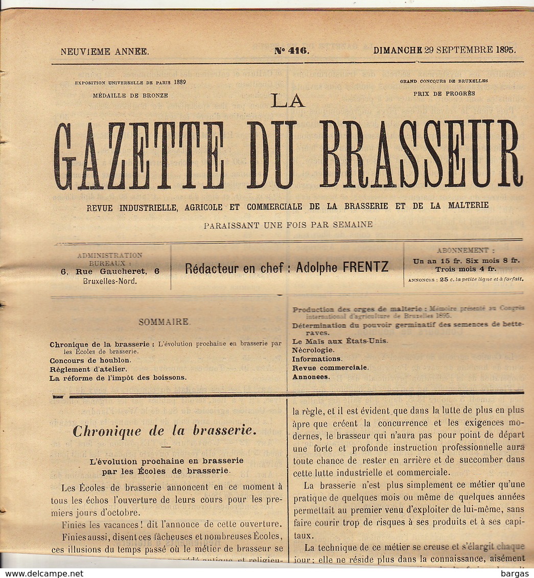 Journal LA GAZETTE DU BRASSEUR 1895 - 1896 Bière Brasserie - Autres & Non Classés