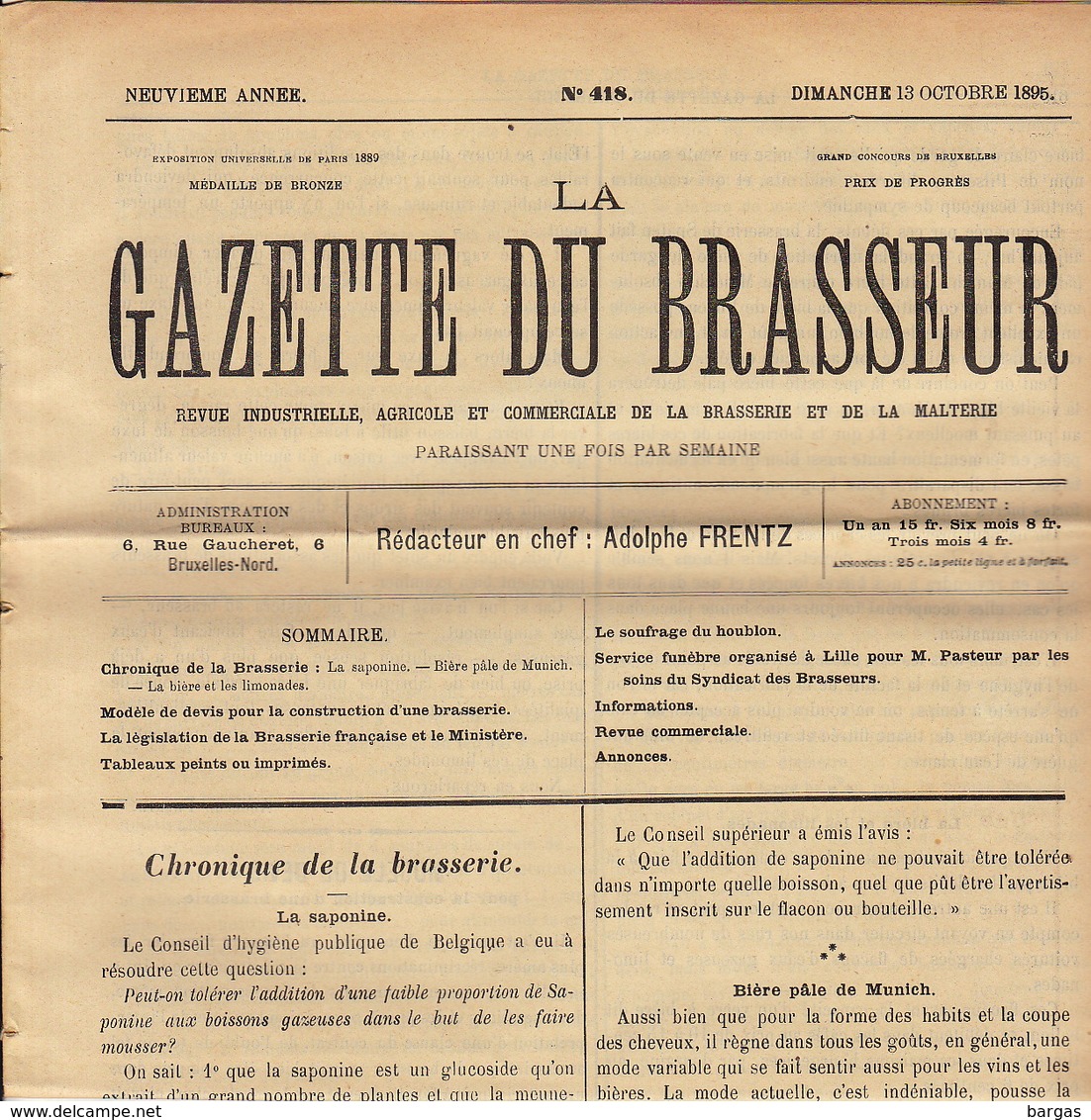 Journal LA GAZETTE DU BRASSEUR 1895 - 1896 Bière Brasserie - Sonstige & Ohne Zuordnung