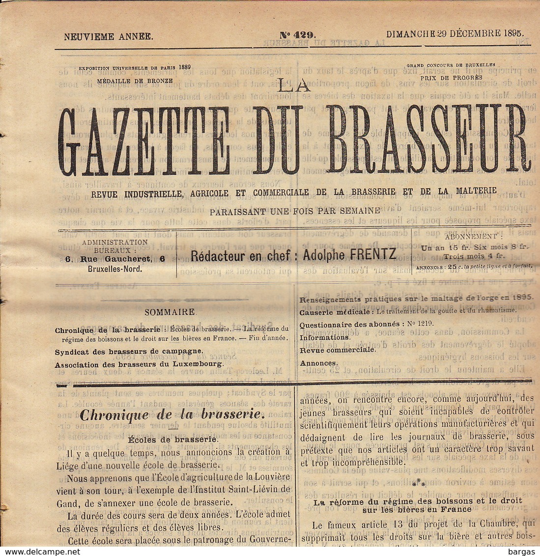 Journal LA GAZETTE DU BRASSEUR 1895 - 1896 Bière Brasserie - Sonstige & Ohne Zuordnung