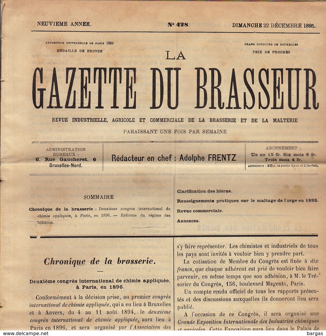 Journal LA GAZETTE DU BRASSEUR 1895 - 1896 Bière Brasserie - Sonstige & Ohne Zuordnung