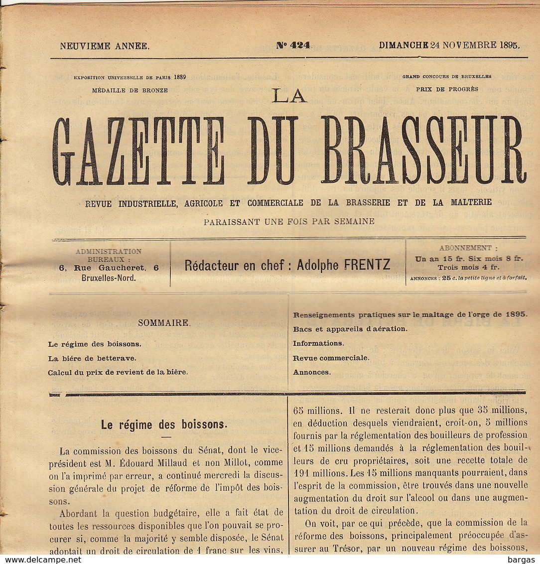 Journal LA GAZETTE DU BRASSEUR 1895 - 1896 Bière Brasserie - Sonstige & Ohne Zuordnung