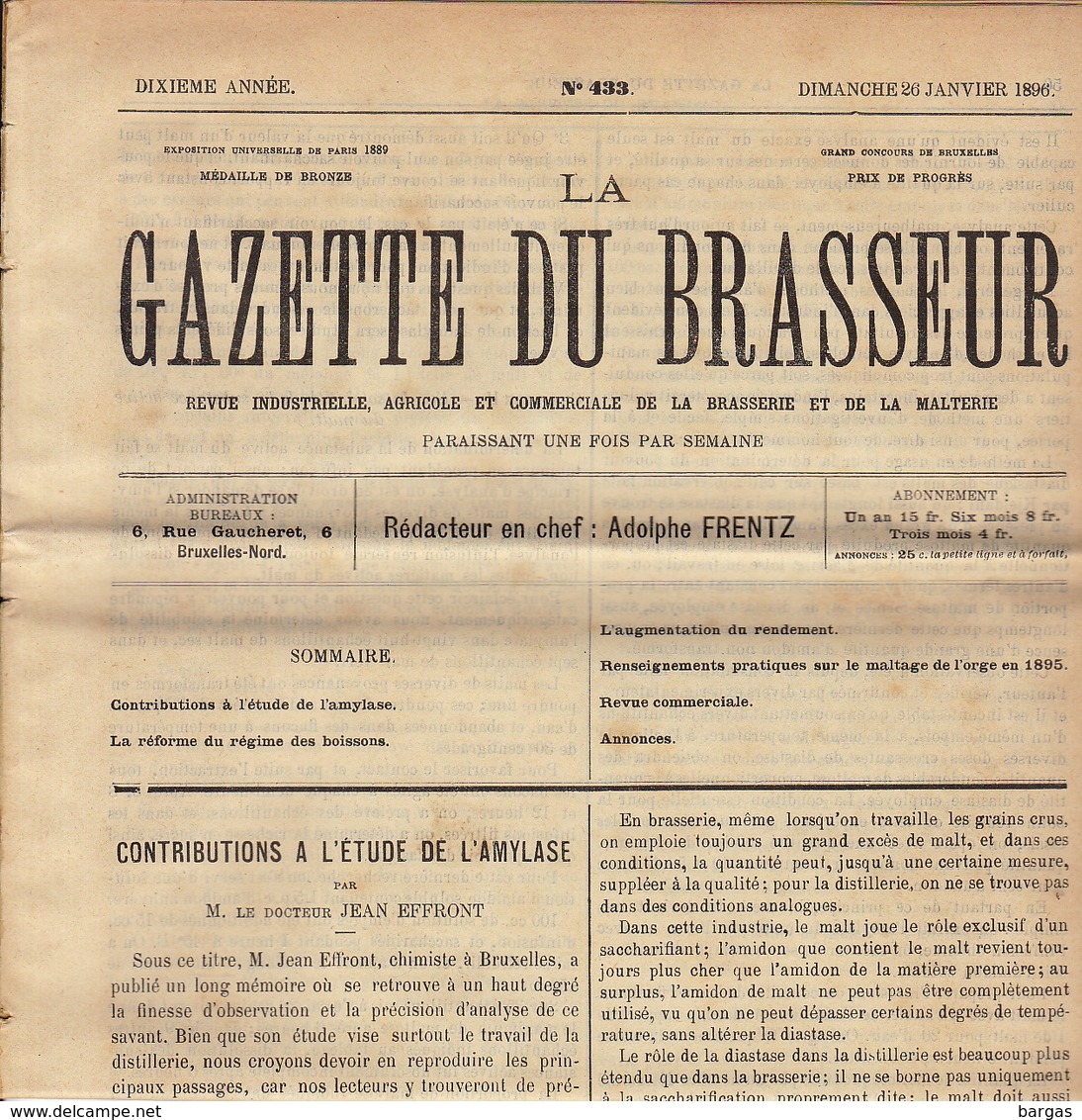 Journal LA GAZETTE DU BRASSEUR 1895 - 1896 Bière Brasserie - Sonstige & Ohne Zuordnung