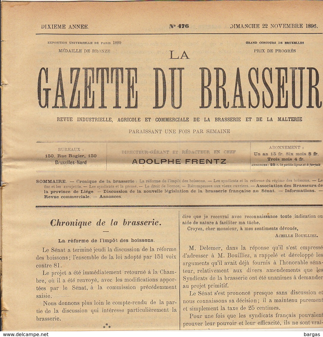 Journal LA GAZETTE DU BRASSEUR 1895 - 1896 Bière Brasserie - Sonstige & Ohne Zuordnung