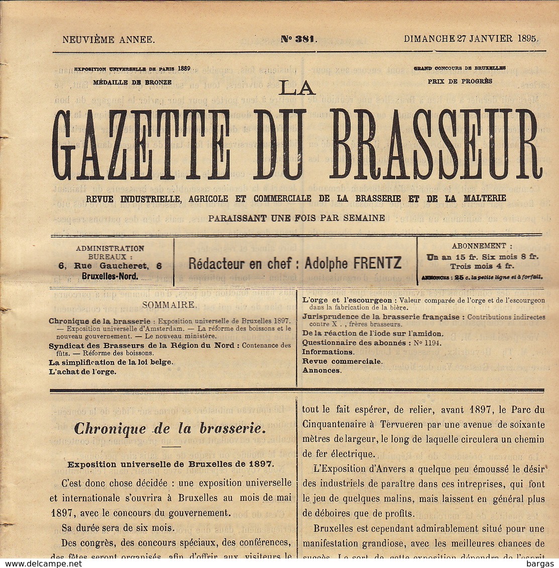 Journal LA GAZETTE DU BRASSEUR 1895 - 1896 Bière Brasserie - Autres & Non Classés