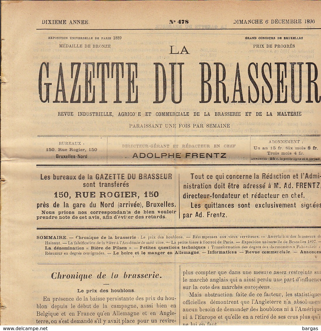 Journal LA GAZETTE DU BRASSEUR 1895 - 1896 Bière Brasserie - Sonstige & Ohne Zuordnung