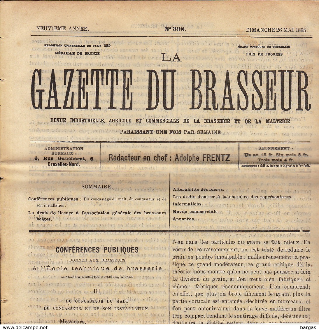 Journal LA GAZETTE DU BRASSEUR 1895 - 1896 Bière Brasserie - Sonstige & Ohne Zuordnung