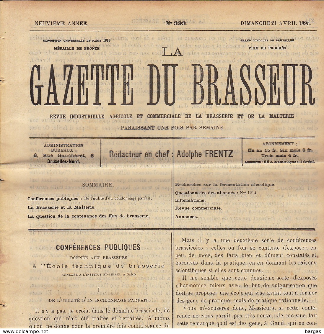 Journal LA GAZETTE DU BRASSEUR 1895 - 1896 Bière Brasserie - Autres & Non Classés