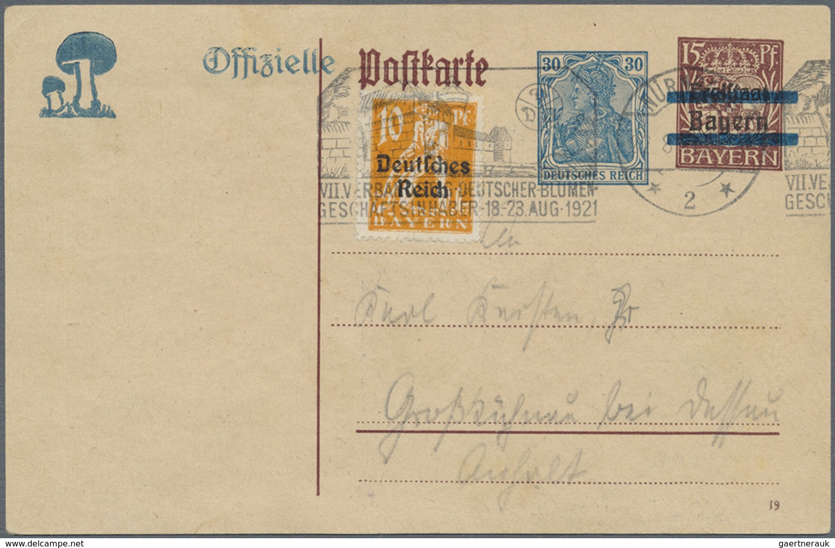 GA Thematik: Pilze / Mushrooms: 1921, Dt. Reich. Aufbrauch-Postkarte 30 Pf Neben (durchbalkter) 15 Pf M - Pilze